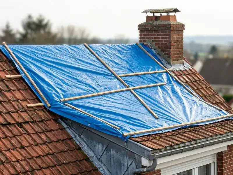 Emergency roof repair London team fitting a waterproof tarp after storm damage