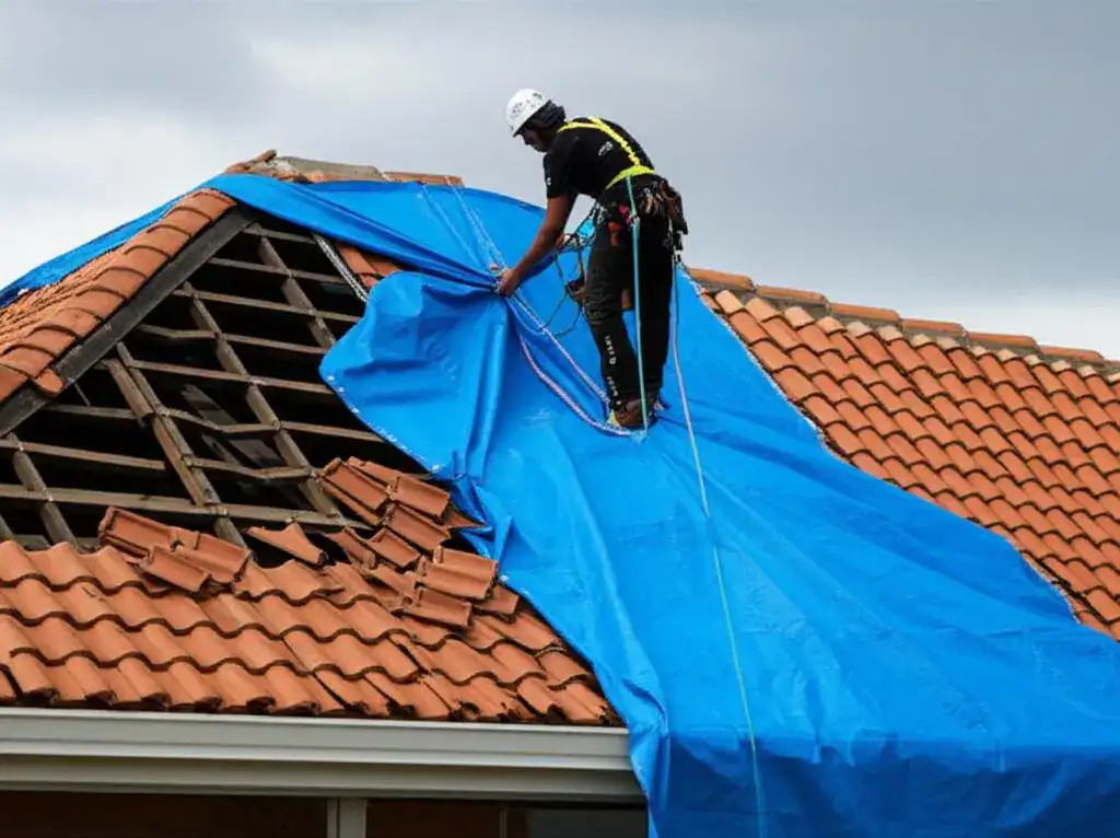 Emergency roof repair London roofer inspecting storm-damaged tiles